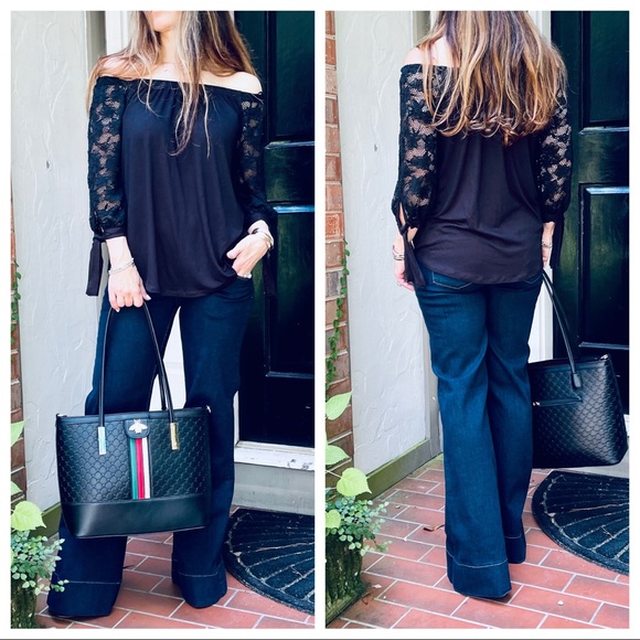 ShopEvelynne Tops - Off the shoulder lace sleeves round hem tunic top